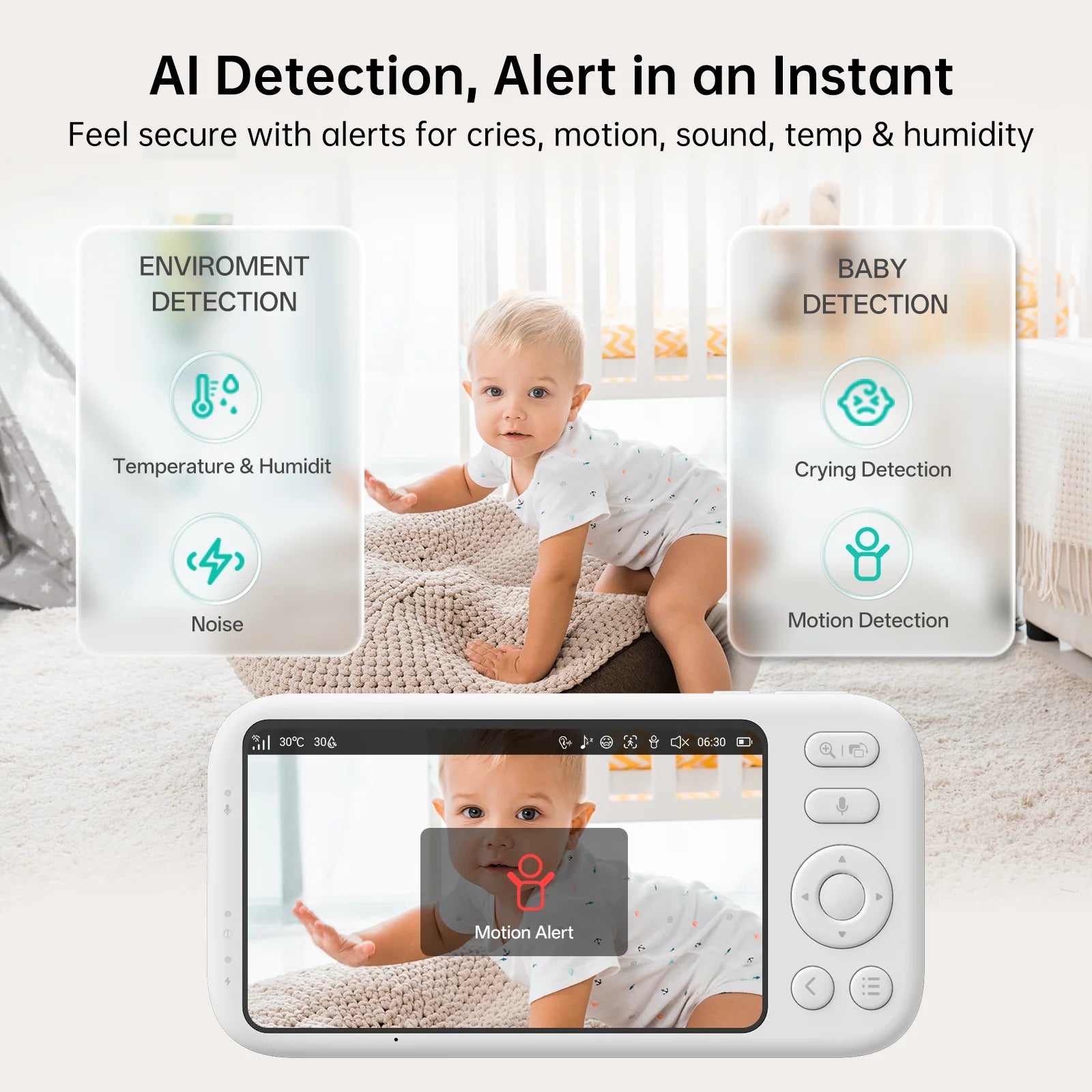 2K Video Baby Monitor, 3000Ft Long Range No Wifi Baby Monitor with 2 Cameras and Audio, 5.5" Split Display, AI Cry Detect, IR Night Vision, 2-Way Audio, 6000Mah