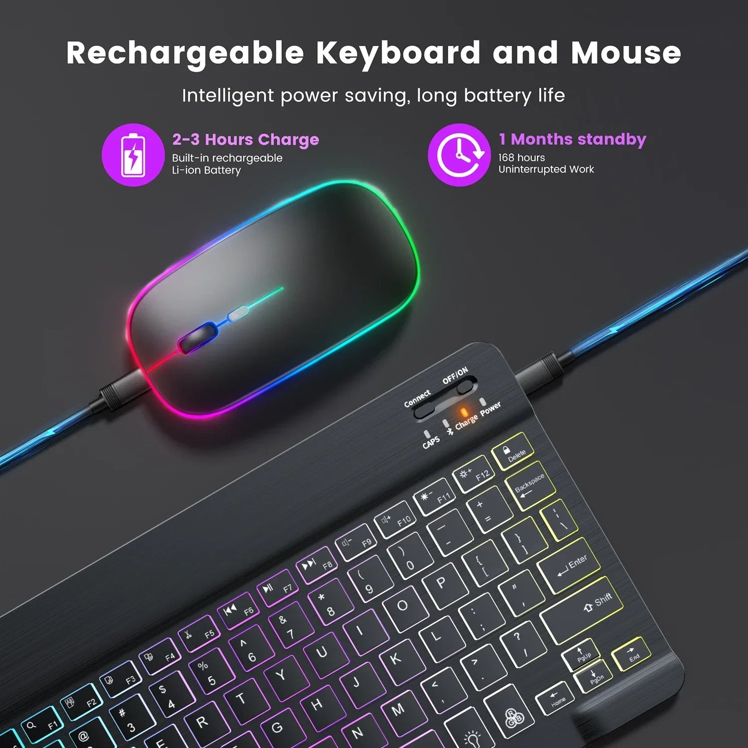 10Inch Backlit RGB Bluetooth Keyboard Wireless Mouse Mini for Spanish Russian Keyboard RGB Backlit Rechargeable Keyboard Mouse
