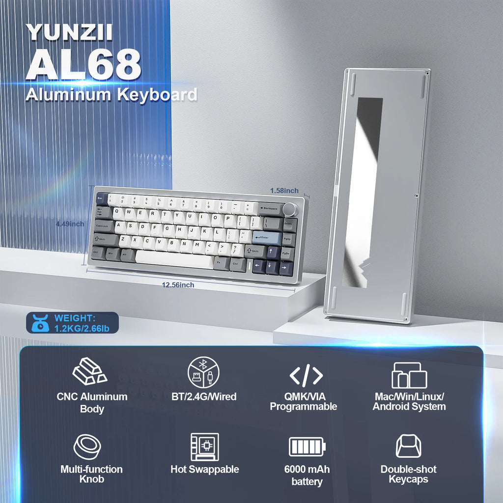 AL68 Silver Wireless Custom Mechanical Keyboard, QMK/VIA Aluminum Keyboard, Hot Swap Gasket Gaming Keyboard with Knob