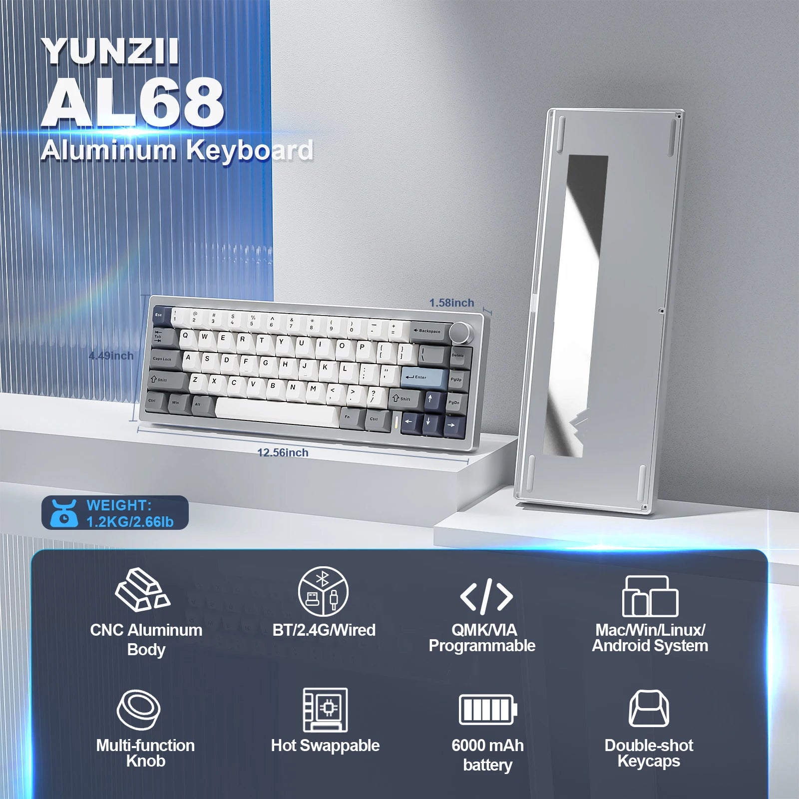 AL68 Silver Wireless Custom Mechanical Keyboard, QMK/VIA Aluminum Keyboard, Hot Swap Gasket Gaming Keyboard with Knob