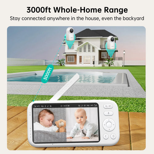2K Video Baby Monitor, 3000Ft Long Range No Wifi Baby Monitor with 2 Cameras and Audio, 5.5" Split Display, AI Cry Detect, IR Night Vision, 2-Way Audio, 6000Mah
