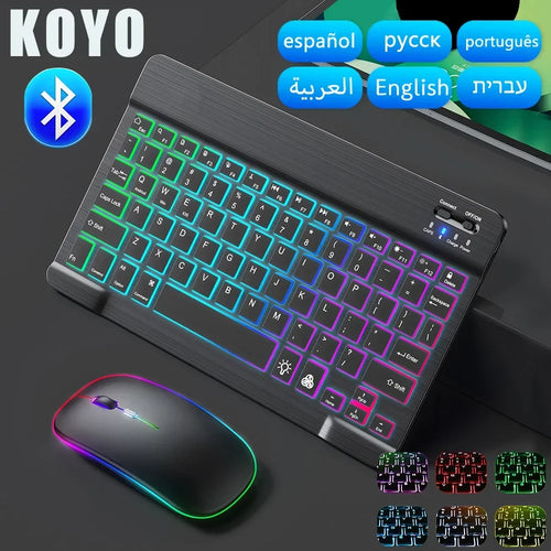 10Inch Backlit RGB Bluetooth Keyboard Wireless Mouse Mini for Spanish Russian Keyboard RGB Backlit Rechargeable Keyboard Mouse