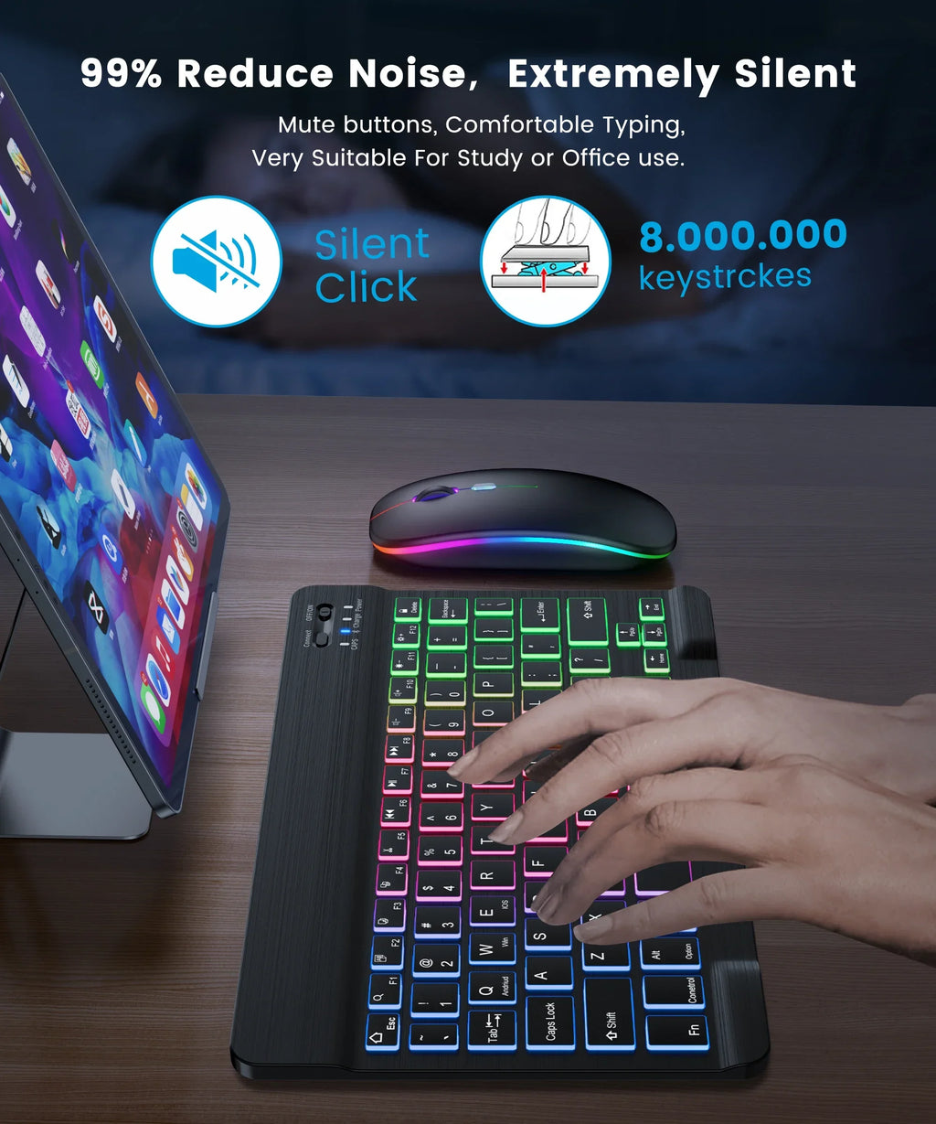 10Inch Backlit RGB Bluetooth Keyboard Wireless Mouse Mini for Spanish Russian Keyboard RGB Backlit Rechargeable Keyboard Mouse