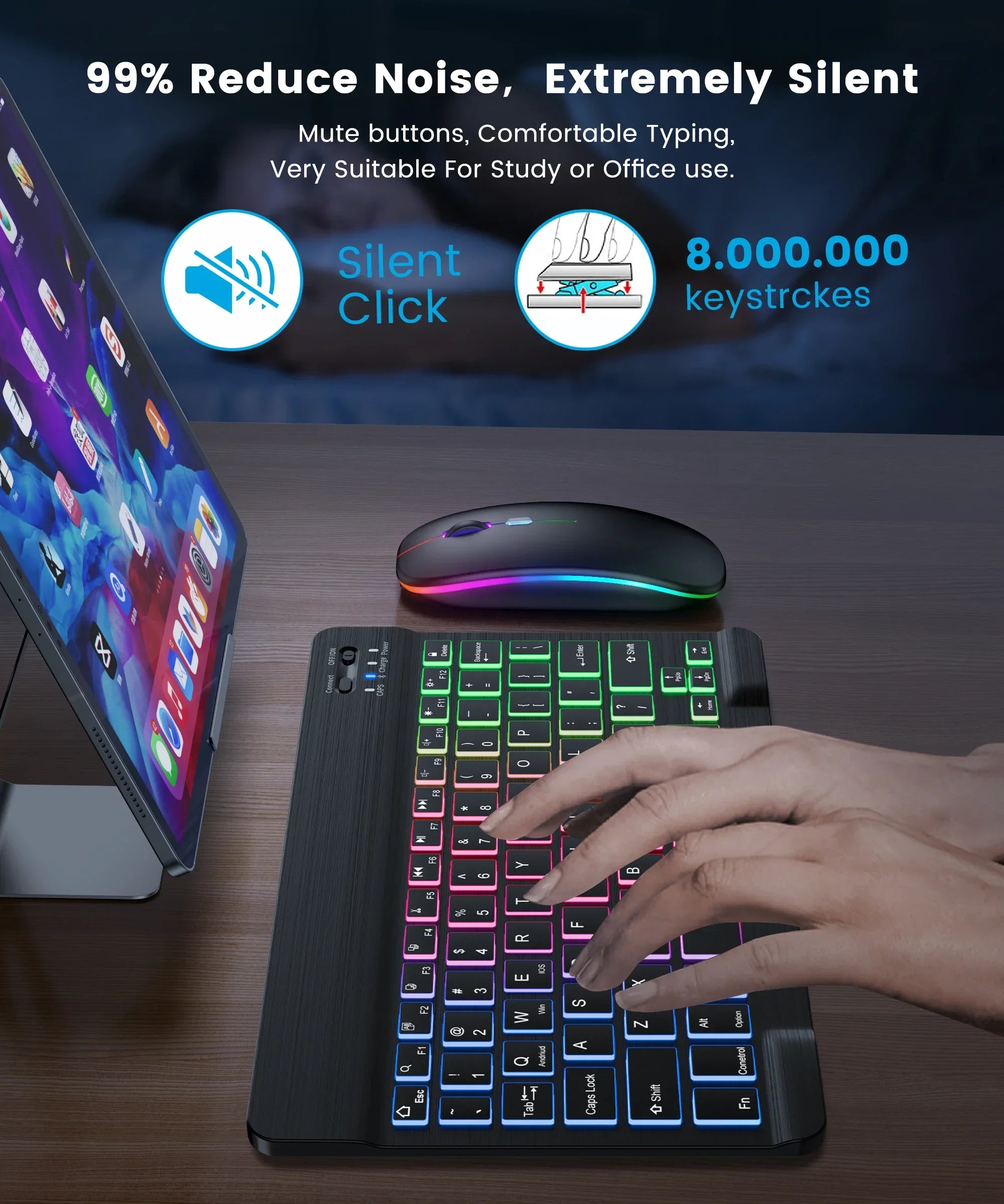 10Inch Backlit RGB Bluetooth Keyboard Wireless Mouse Mini for Spanish Russian Keyboard RGB Backlit Rechargeable Keyboard Mouse