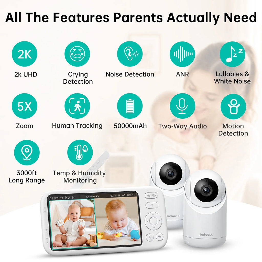 2K Video Baby Monitor, 3000Ft Long Range No Wifi Baby Monitor with 2 Cameras and Audio, 5.5" Split Display, AI Cry Detect, IR Night Vision, 2-Way Audio, 6000Mah