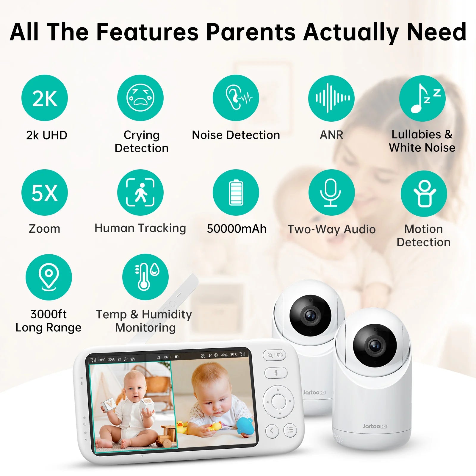 2K Video Baby Monitor, 3000Ft Long Range No Wifi Baby Monitor with 2 Cameras and Audio, 5.5" Split Display, AI Cry Detect, IR Night Vision, 2-Way Audio, 6000Mah