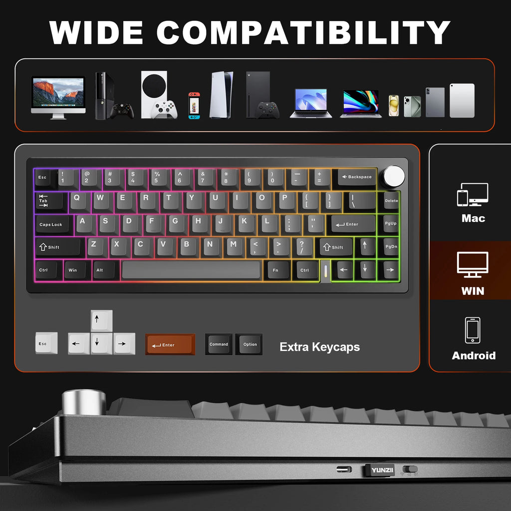 AL68 Silver Wireless Custom Mechanical Keyboard, QMK/VIA Aluminum Keyboard, Hot Swap Gasket Gaming Keyboard with Knob
