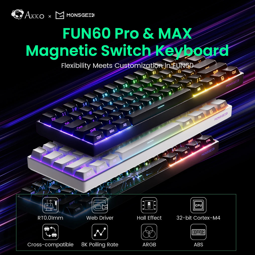 MONSGEEK FUN60 PRO&MAX Mechanical Keyboard with Magnetic Switches - 60% Wireless Gaming Keyboard with Rapid Trigger and 8K ARGB Customization