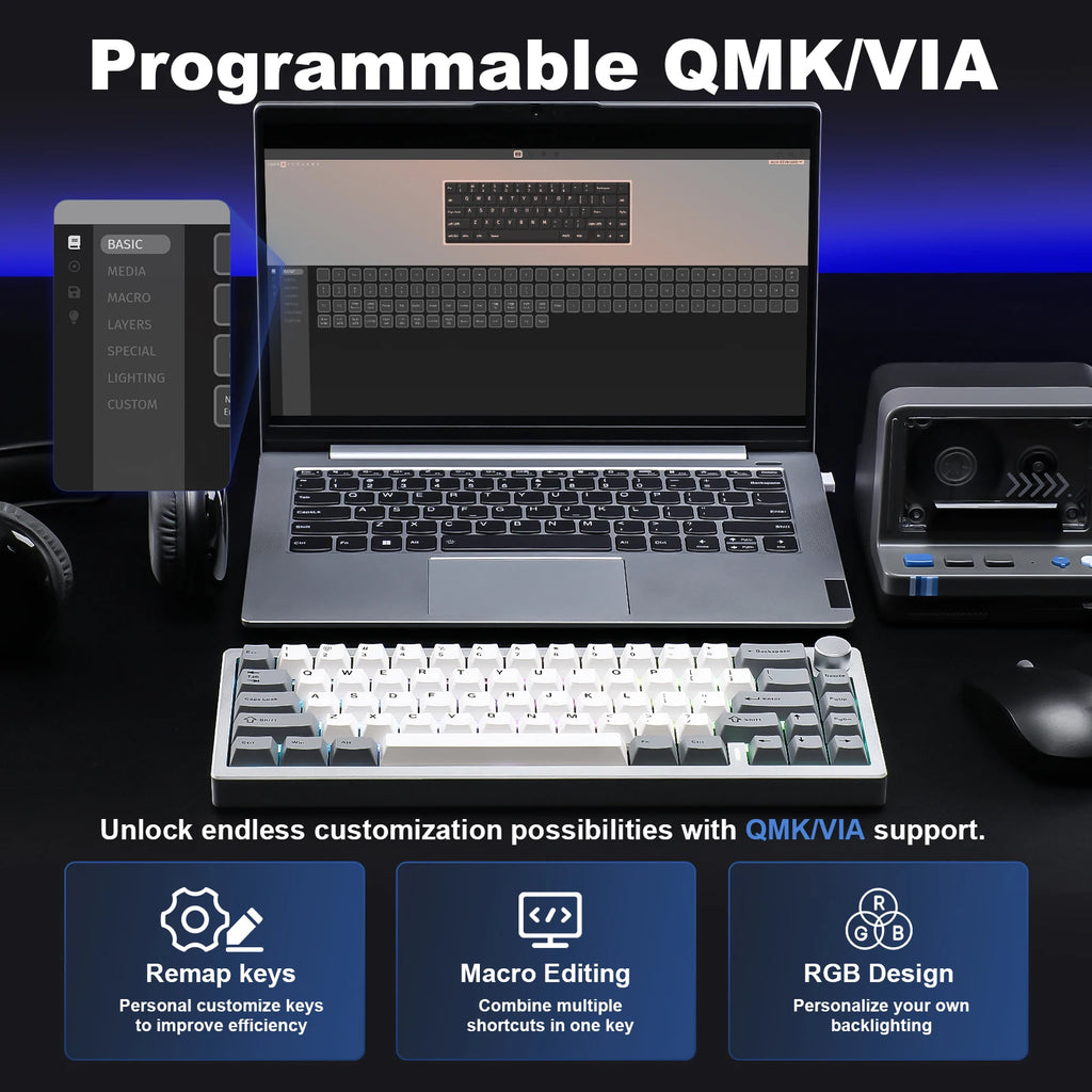 AL68 Silver Wireless Custom Mechanical Keyboard, QMK/VIA Aluminum Keyboard, Hot Swap Gasket Gaming Keyboard with Knob