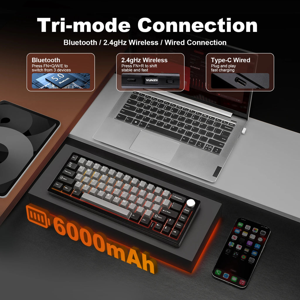 AL68 Silver Wireless Custom Mechanical Keyboard, QMK/VIA Aluminum Keyboard, Hot Swap Gasket Gaming Keyboard with Knob