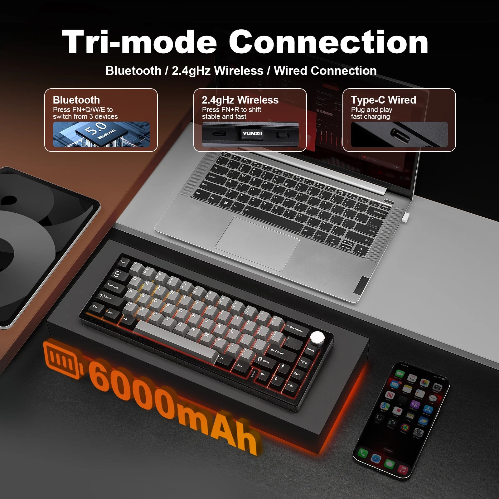 AL68 Silver Wireless Custom Mechanical Keyboard, QMK/VIA Aluminum Keyboard, Hot Swap Gasket Gaming Keyboard with Knob