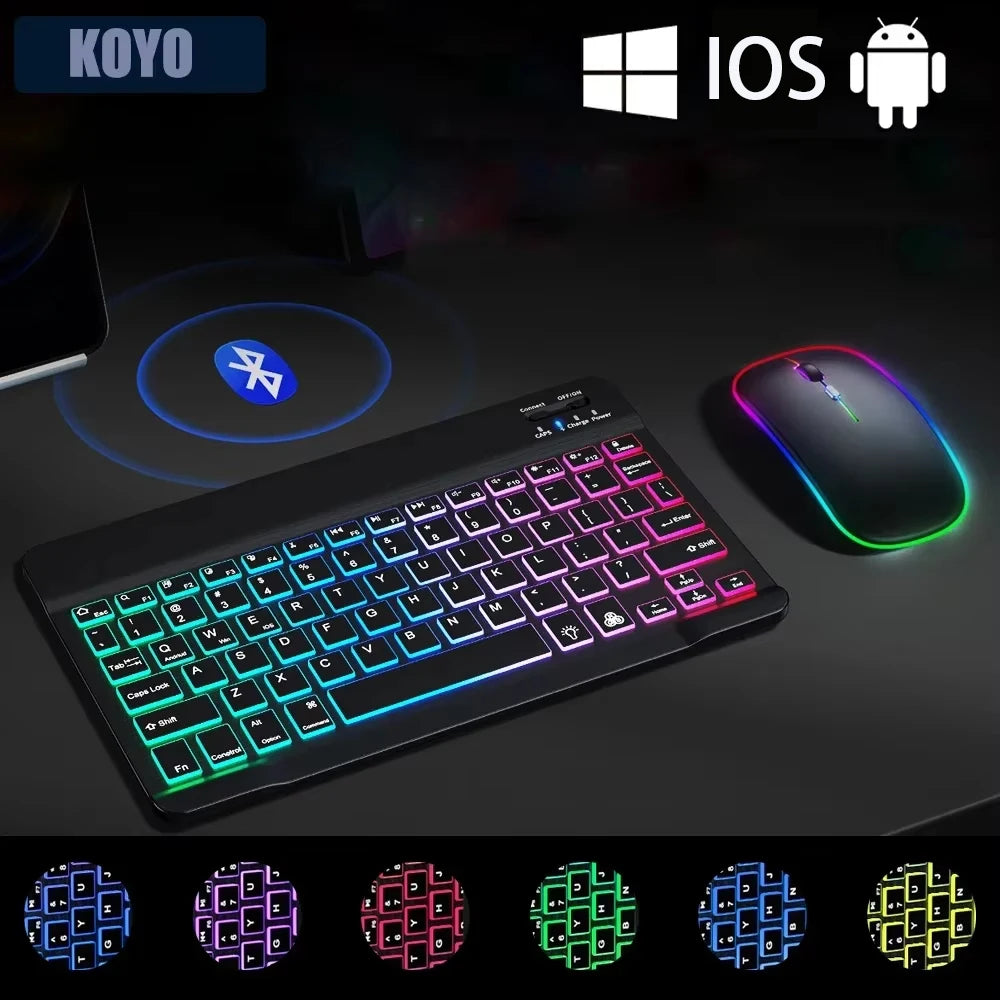 10Inch Backlit RGB Bluetooth Keyboard Wireless Mouse Mini for Spanish Russian Keyboard RGB Backlit Rechargeable Keyboard Mouse